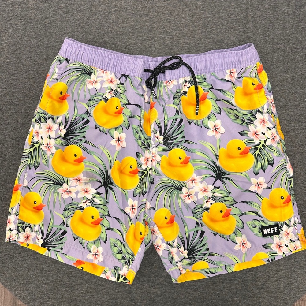 Neff Rubber‎ Duck Floral Print Beach Pool Casual Swim Trunks Shorts - X-Large